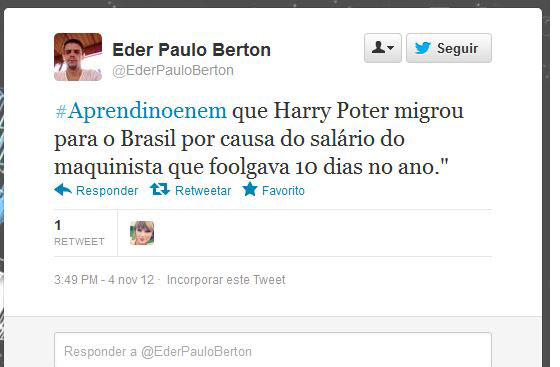 Usando a hashtag #AprendiNoEnem, usuários fazem piada com o conteúdo das provas do Exame Nacional do Ensino Médio, aplicado nos dias 3 e 4 de novembro Usando a hashtag #AprendiNoEnem, usuários fazem piada com o conteúdo das provas do Exame Nacional do Ensino Médio, aplicado nos dias 3 e 4 de novembro