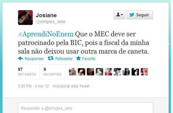 Usando a hashtag #AprendiNoEnem, usuários fazem piada com o conteúdo das provas do Exame Nacional do Ensino Médio, aplicado nos dias 3 e 4 de novembro Usando a hashtag #AprendiNoEnem, usuários fazem piada com o conteúdo das provas do Exame Nacional do Ensino Médio, aplicado nos dias 3 e 4 de novembro