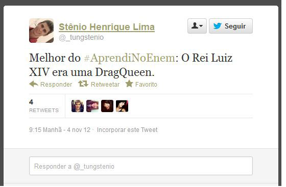 Usando a hashtag #AprendiNoEnem, usuários fazem piada com o conteúdo das provas do Exame Nacional do Ensino Médio, aplicado nos dias 3 e 4 de novembro Usando a hashtag #AprendiNoEnem, usuários fazem piada com o conteúdo das provas do Exame Nacional do Ensino Médio, aplicado nos dias 3 e 4 de novembro