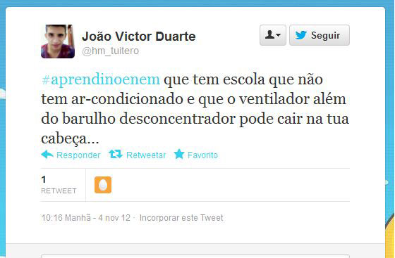 Usando a hashtag #AprendiNoEnem, usuários fazem piada com o conteúdo das provas do Exame Nacional do Ensino Médio, aplicado nos dias 3 e 4 de novembro Usando a hashtag #AprendiNoEnem, usuários fazem piada com o conteúdo das provas do Exame Nacional do Ensino Médio, aplicado nos dias 3 e 4 de novembro