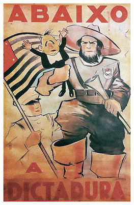 Os constitucionalistas também buscaram apoio para o sua causa através de cartazes e panfletos. Na imagem, um soldado paulista forte e imponente segura um Getúlio Vargas pequeno e patético.