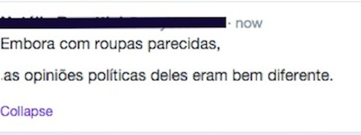 As conjunções concessivas, como embora, e bem que, mesmo que, ainda que e conquanto servem para expressar uma ideia contrária à da oração principal, ainda que não seja suficiente para anulá-la. No caso do tweet, o erro está no emprego da conjunção: o fato das pessoas em questão usarem roupas parecidas não tem relação com suas ideias políticas. Logo, a conjunção foi usada para contrapor duas ideias que não são opostas.