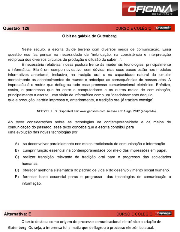 Enem 2013 – Correção da questão  126 – Linguagens e Códigos