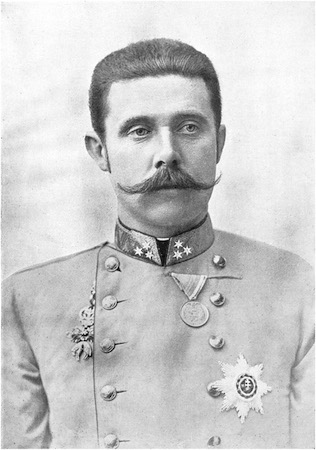 Arquiduque do Império Austro-Húngaro e presumível herdeiro do trono imperial, Francisco Ferdinando foi assassinado, junto com sua mulher Sofia, no dia 28 de junho de 1914. Sua morte, causada por um ataque do grupo nacionalista sérvio Mão Negra, é considerada o estopim da Primeira Guerra. (Foto: Wikimedia Commons) Arquiduque do Império Austro-Húngaro e presumível herdeiro do trono imperial, Francisco Ferdinando foi assassinado, junto com sua mulher Sofia, no dia 28 de junho de 1914. Sua morte, causada por um ataque do grupo nacionalista sérvio Mão Negra, é considerada o estopim da Primeira Guerra. (Foto: Wikimedia Commons)