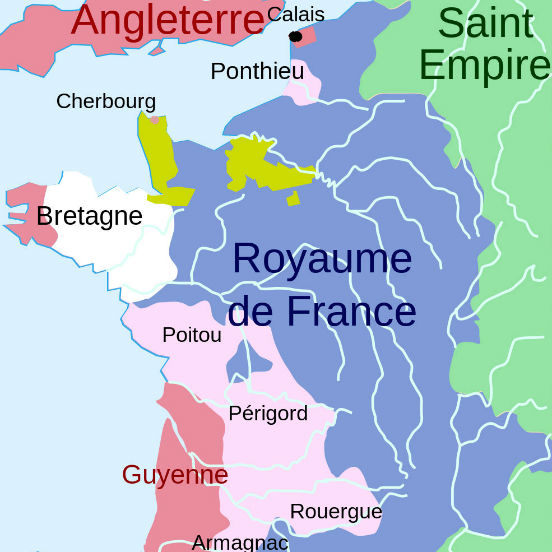 A Batalha de Poitiers levou à assinatura do Tratado de Brétigny, em 1360. Nele, a França reconhecia o domínio inglês sobre parte do seu território além de devolver as terras inglesas que havia conquistado durante a guerra. A imagem mostra a França após esse tratado: em vermelho estão os territórios controlados pela Inglaterra, e em rosa os territórios cedidos para a Inglaterra após a assinatura do documento. (Imagem: Wikimedia Commons)