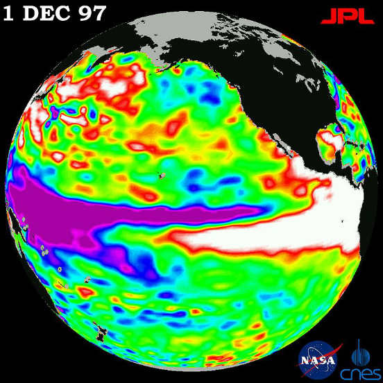 O último El Niño mais poderoso aconteceu entre 1997 e 1998, que só no Brasil causou excessos de chuva na região Sul, seca severa no Nordeste (uma das piores já enfrentadas), seca na Amazônia (o que aumentou exponencialmente o número de queimadas e incêndios florestais) e um verão mais quente no Sudeste, com temperaturas de 1 a 4 ºC acima da média. Por conta desse fenômeno, o setor da agricultura sofreu grandes perdas nesse período. As áreas brancas da imagem mostram a piscina de água quente que se formou no oceano. (Imagem: Wikimedia Commons)