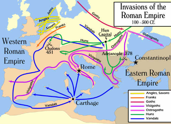 Em suma, o mundo feudal se estabeleceu graças a dois acontecimentos históricos simultâneos: as invasões bárbaras e a crise do Império Romano. Os romanos chamavam de bárbaros todos aqueles que não tinham seus costumes e nem falavam sua língua - entre eles, inclusive, os germanos, que através das suas invasões desestruturaram o Império Romano do Ocidente. Esse choque de crenças, costumes e tradições dos povos romanos e germânicos, portanto, foi fundamental para a constituição do feudalismo. (Imagem: Wikimedia Commons)