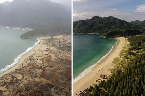 Quando o foco de um terremoto se localiza abaixo do oceano enormes ondas podem ser formadas, causando assim um fenômeno chamado de tsunami ou maremoto. Em 2004, um dos maiores tsunamis da história atingiu a Indonésia, deixando cerca de 130 mil mortos. A imagem compara o país logo após o desastre e dez anos depois, em 2014. (Imagem: Getty Images) Quando o foco de um terremoto se localiza abaixo do oceano enormes ondas podem ser formadas, causando assim um fenômeno chamado de tsunami ou maremoto. Em 2004, um dos maiores tsunamis da história atingiu a Indonésia, deixando cerca de 130 mil mortos. A imagem compara o país logo após o desastre e dez anos depois, em 2014. (Imagem: Getty Images)