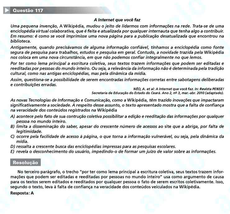 Enem 2010: Questão 117  – Linguagens e Códigos (prova amarela)