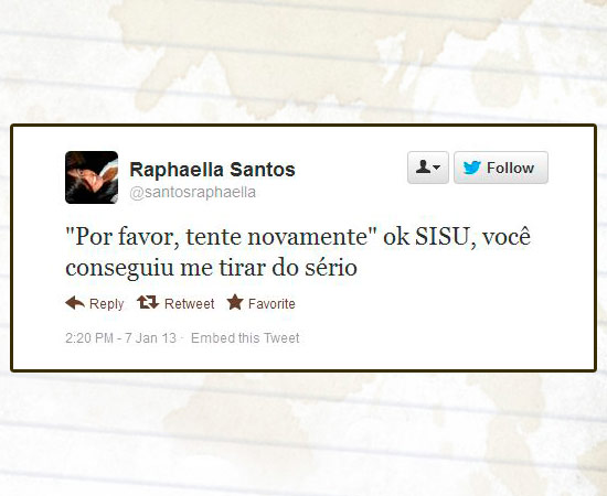 Muitos usuários do Twitter usaram a rede social para comentar o processo de inscrição no Sisu, programa do Ministério da Educação (MEC) que seleciona estudantes para as universidades federais. Mais de 620 mil candidatos se inscreveram até as 16h desta segunda-feira (7). Enquanto alguns reclamavam de falhas, outros contavam que haviam conseguido efetuar o processo normalmente. As primeiras notas de cortes de cada curso e a classificação parcial estarão disponíveis no sistema a partir das 2h da madrugada de terça-feira.