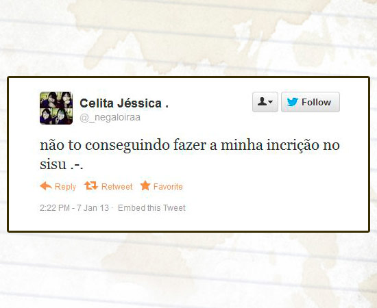 Muitos usuários do Twitter usaram a rede social para comentar o processo de inscrição no Sisu, programa do Ministério da Educação (MEC) que seleciona estudantes para as universidades federais. Mais de 620 mil candidatos se inscreveram até as 16h desta segunda-feira (7). Enquanto alguns reclamavam de falhas, outros contavam que haviam conseguido efetuar o processo normalmente. As primeiras notas de cortes de cada curso e a classificação parcial estarão disponíveis no sistema a partir das 2h da madrugada de terça-feira.