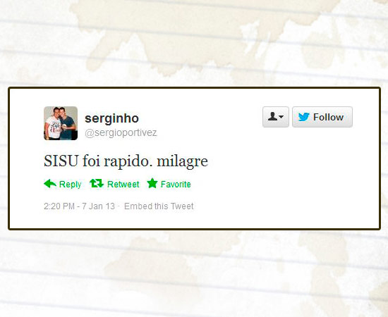 Muitos usuários do Twitter usaram a rede social para comentar o processo de inscrição no Sisu, programa do Ministério da Educação (MEC) que seleciona estudantes para as universidades federais. Mais de 620 mil candidatos se inscreveram até as 16h desta segunda-feira (7). Enquanto alguns reclamavam de falhas, outros contavam que haviam conseguido efetuar o processo normalmente. As primeiras notas de cortes de cada curso e a classificação parcial estarão disponíveis no sistema a partir das 2h da madrugada de terça-feira.