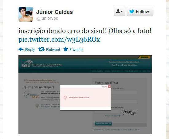 Muitos usuários do Twitter usaram a rede social para comentar o processo de inscrição no Sisu, programa do Ministério da Educação (MEC) que seleciona estudantes para as universidades federais. Mais de 620 mil candidatos se inscreveram até as 16h desta segunda-feira (7). Enquanto alguns reclamavam de falhas, outros contavam que haviam conseguido efetuar o processo normalmente. As primeiras notas de cortes de cada curso e a classificação parcial estarão disponíveis no sistema a partir das 2h da madrugada de terça-feira.