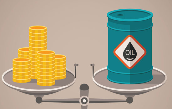 Balança com moedas de um lado e petróleo do outro