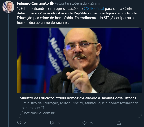 Senador Fabiano Contarato pede que se investigue declarações homofóbicas do Ministro da Educação