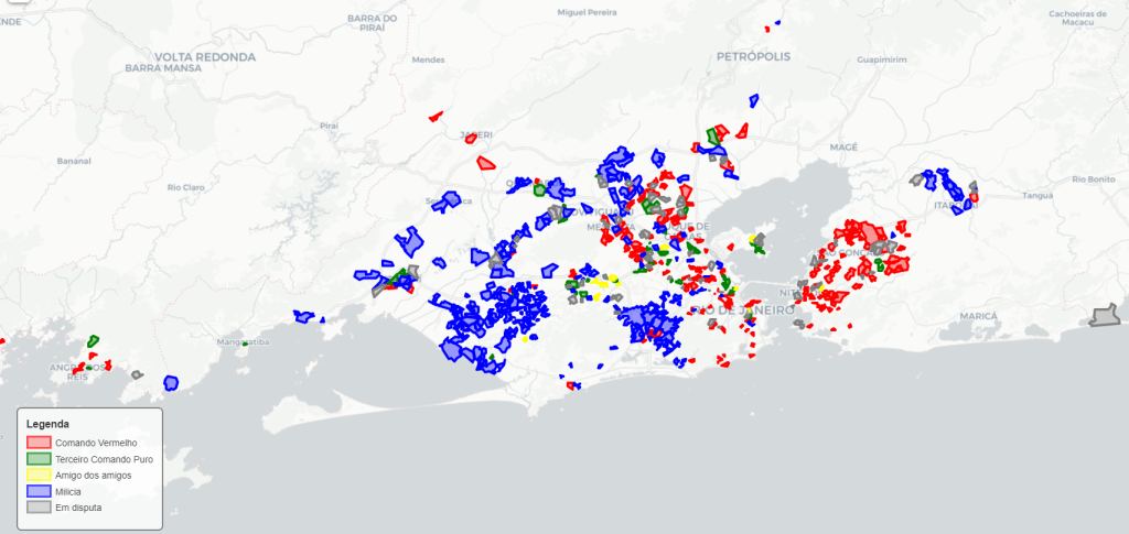 Mapa mostra o territórios controlado pelas milícias