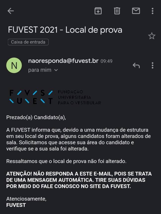 Fuvest informa alteração no número das salas para alguns participantes.