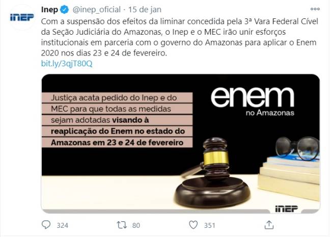 Publicação do Inep Publicação do Inep no Twitter
