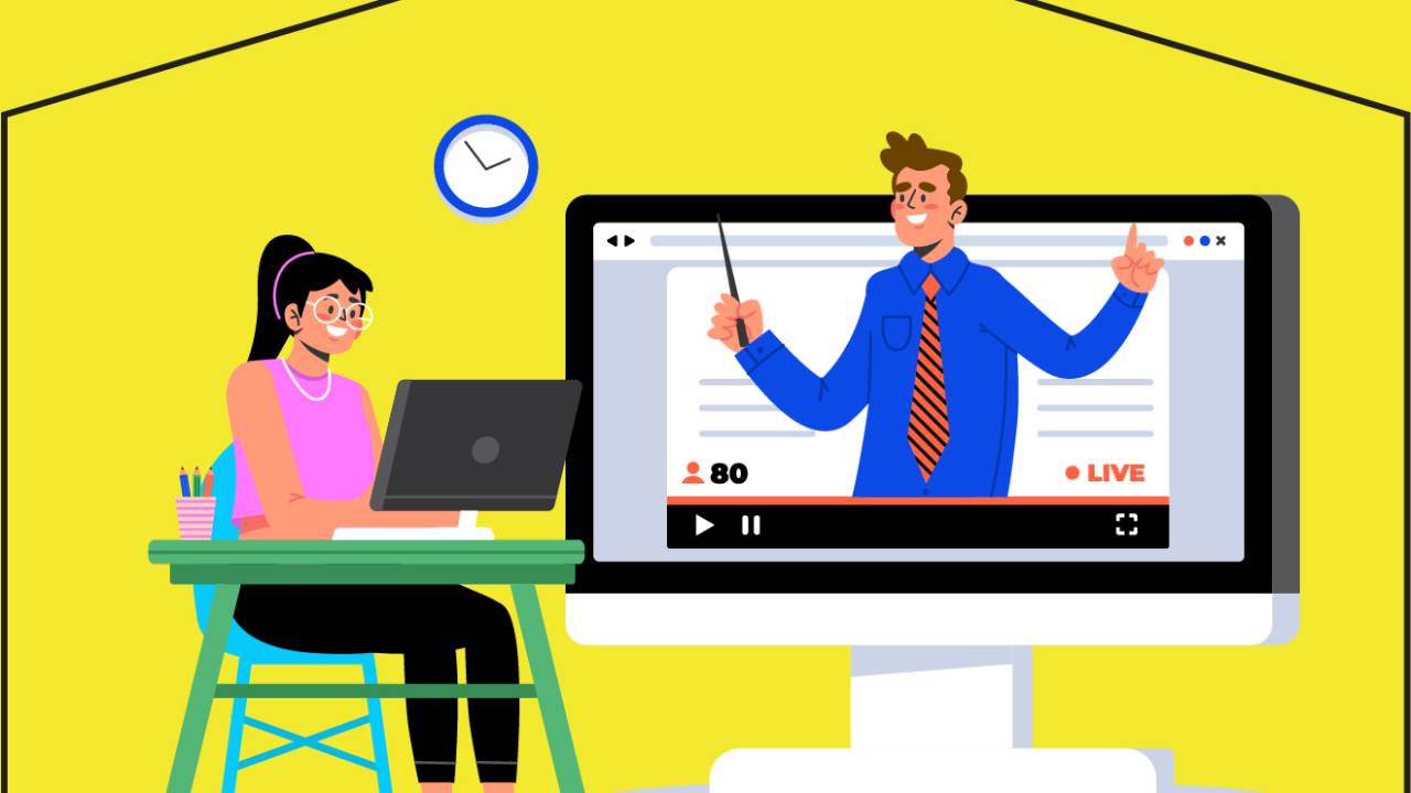 Ilustração mostra menina sentada em um carteira com um notebook na mesa. Ao lado uma tela de computador mostra um professor dando uma aula online. Em volta dos dois há a silhueta de uma casa.