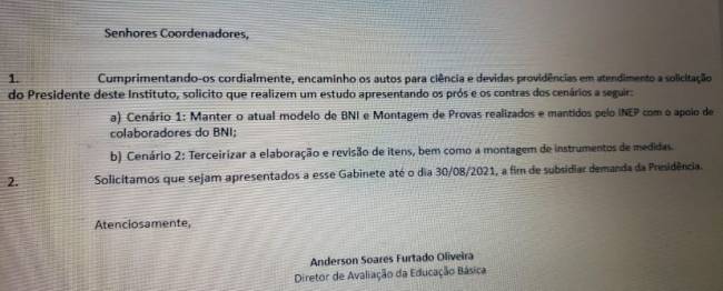 INEP Documento estuda a possibilidade de terceirizar a elaboração e revisão das questões do BNI (Banco Nacional de Itens).