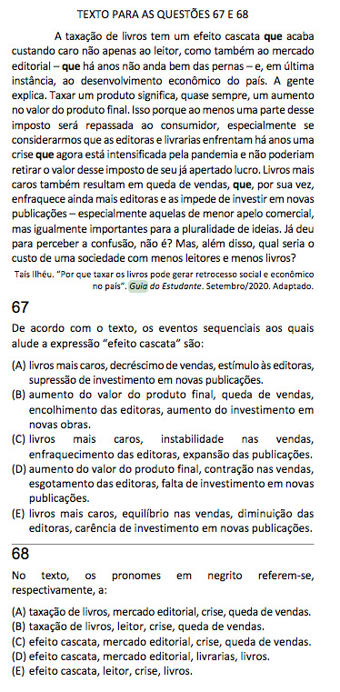 QUESTÃO FUVEST GUIA DO ESTUDANTE Questões 67 e 68 da Fuvest 2022, com um texto do Guia do Estudante