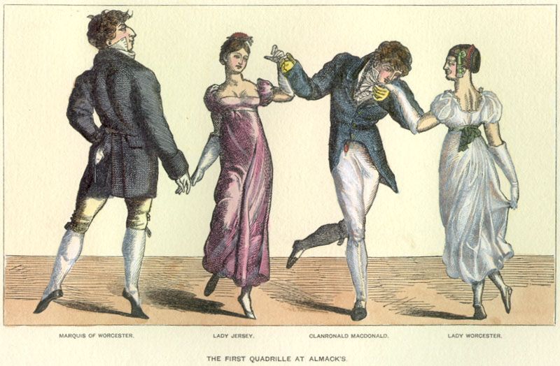 Moda Período Regencial britânico Ilustração com quatro exemplos de como eram os jovens do período regencial britânico.