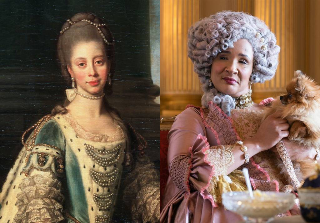 Rainha-Charlotte Comparativo com uma pintura da Rainha Charlotte e uma foto da personagem retratada na série 'Bridgerton'