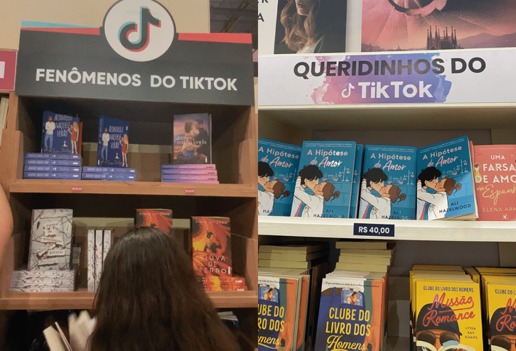 Livros sucessos do TikTok na Bienal Colagem com duas fotos com estantes de livros, em cima da primeira está uma placa
