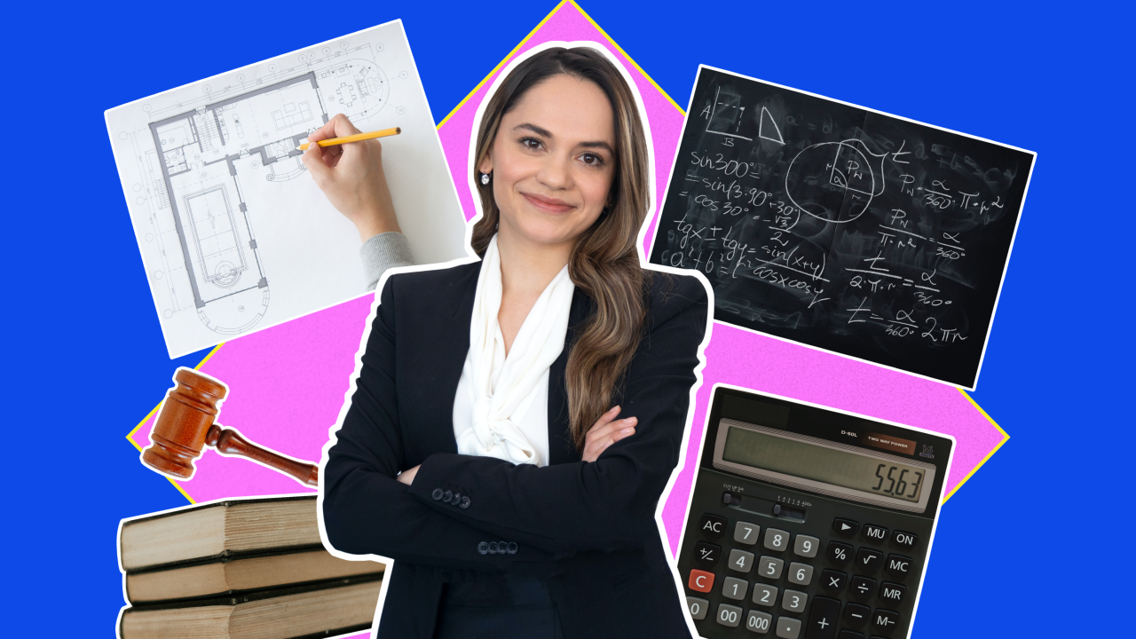 mulher sobre fundo colorido com lousa, calculadora e livros