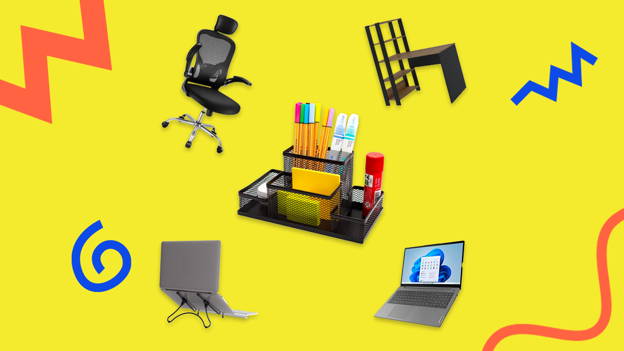 Colagem de elementos de escritório sobre fundo amarelo