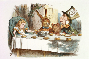 Ilustração de Alice no País das Maravilhas mostra Chapeleiro Maluco, Alice e Lebre Maluca numa mesa de chá