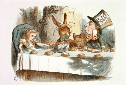 Ilustração de Alice no País das Maravilhas mostra Chapeleiro Maluco, Alice e Lebre Maluca numa mesa de chá