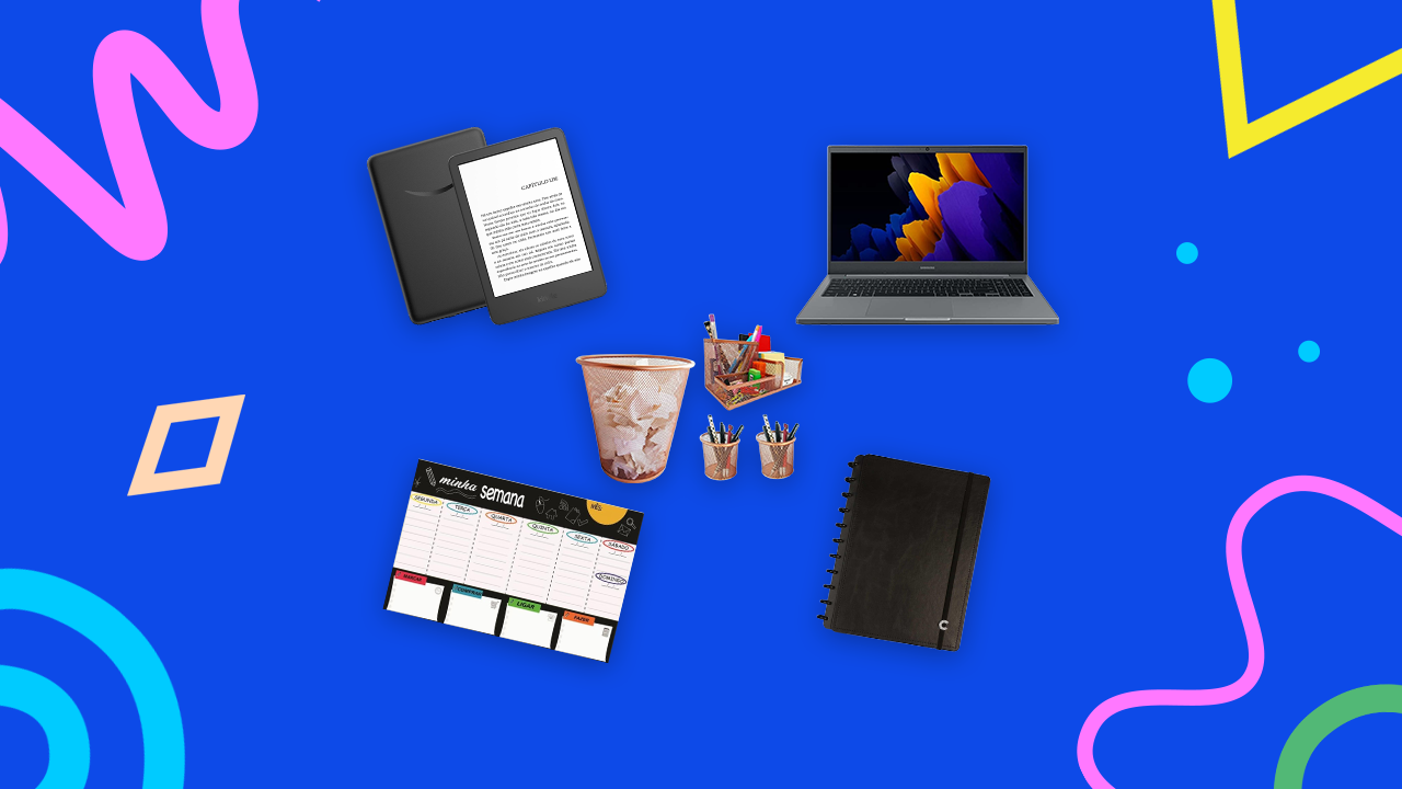 Colagem com caderno, computador, kindle