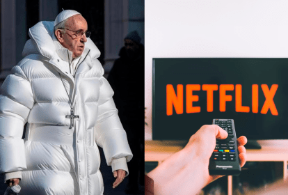 Imagem mostra papa francisco de casaco brando e pessoa com controle vendo netflix