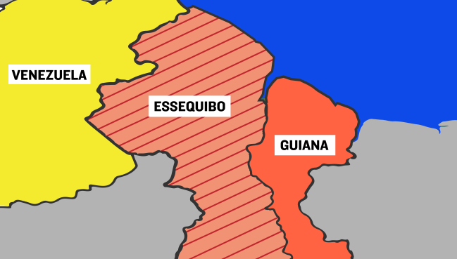 mapa mostra as localizações da guiana e venezuela e indica o território de essequibo entre elas