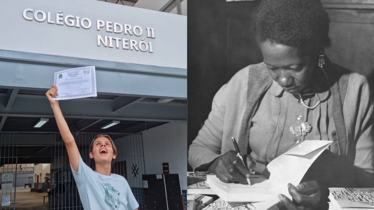 estudante nicolas segurando o diploma da escola e na outra metade da foto a escritora carolina maria de jesus