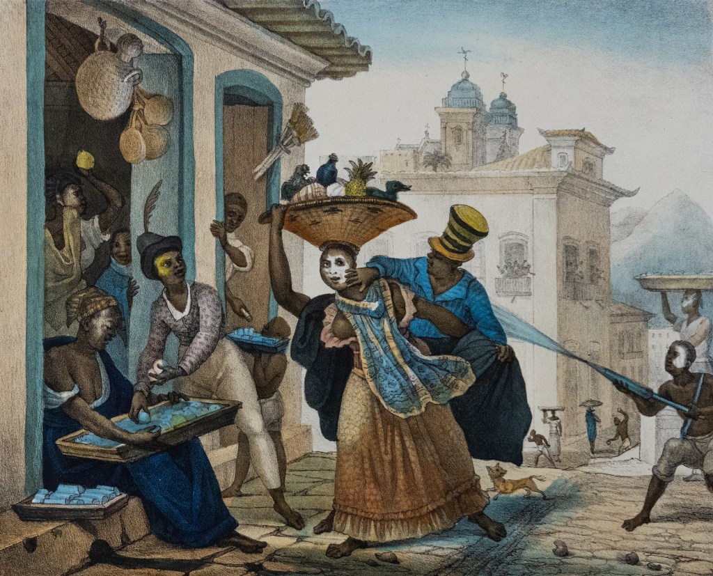 Obra de Debret conhecida como Carnaval de Rua Prancha ou Entrudo, pintada em 1834