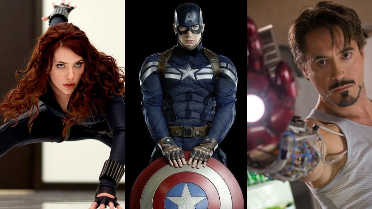 colagem dos personagens originais da marvel viúva negra, capitão américa e homem de ferro