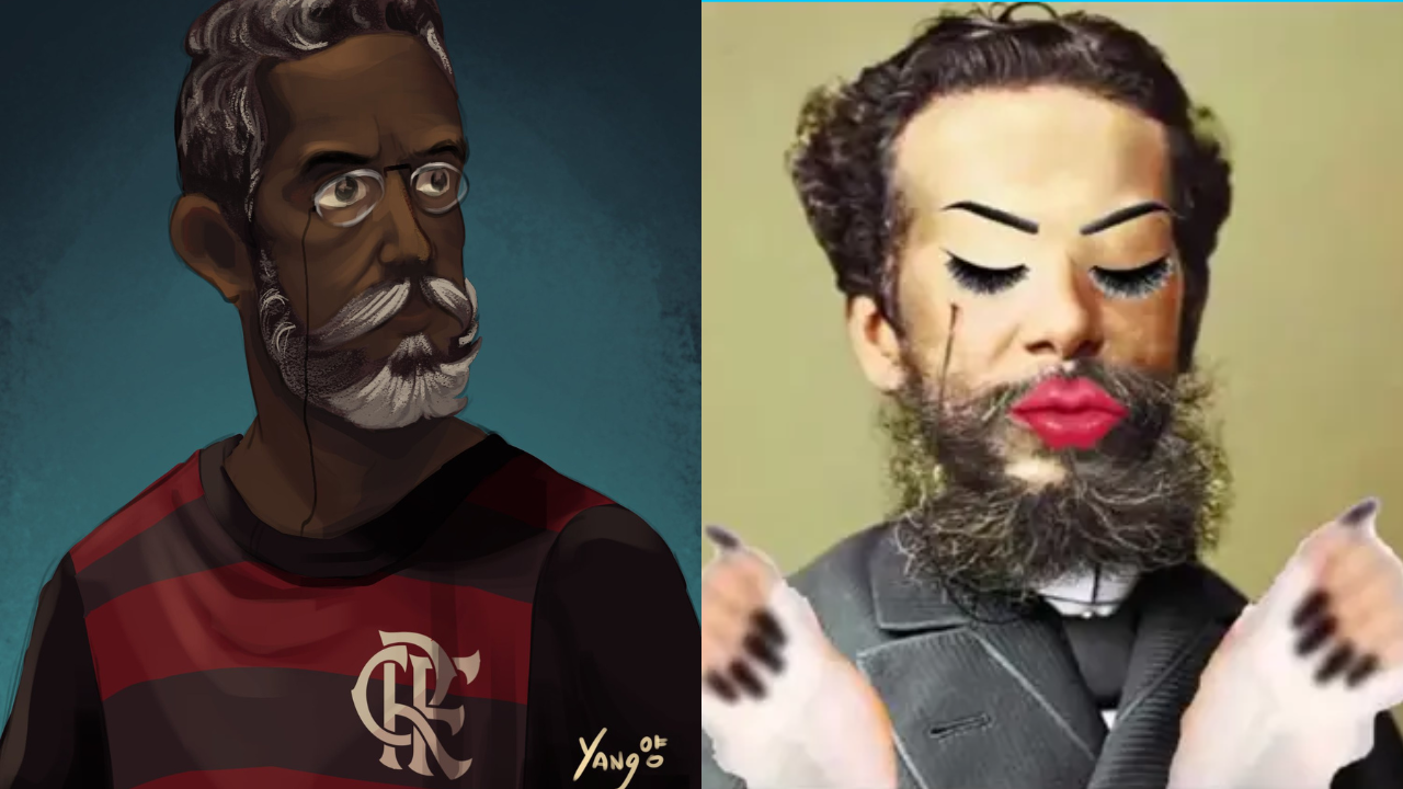 Montagem lado a lado de ilustração de Machado de Assis usando a camisa do Flamengo