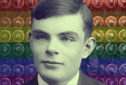 Montagem do cientista britânico Alan Turing, com a bandeira LGBT e a representação da sua máquina criada na 2ª Guerra Mundial