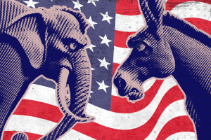 Montagem com elefante e burro se olhando em frente à bandeira americana