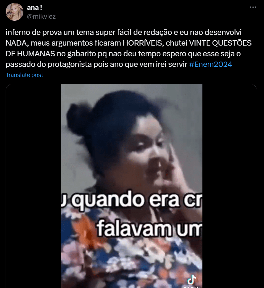 Print das redes sociais com relato dos candidatos sobre o tema da redação do Enem 2024