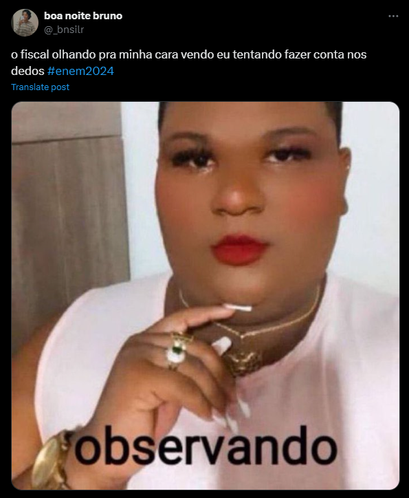 Print de postagem no X (antigo Twitter) comentando o segundo dia do Enem 2024