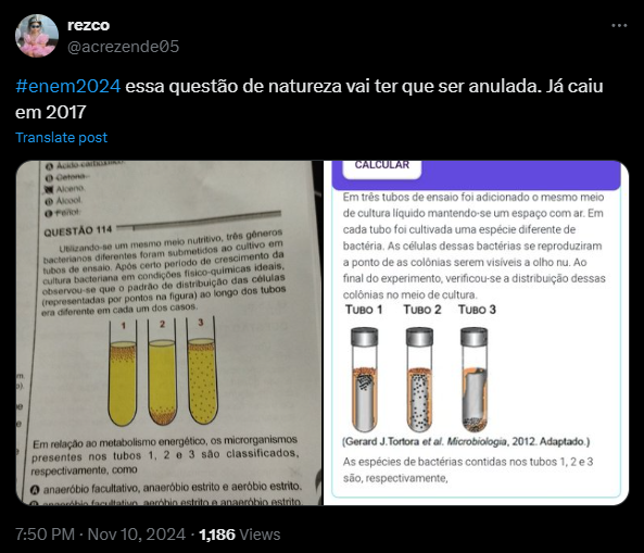 Print de postagem no X (antigo Twitter) comentando o segundo dia do Enem 2024