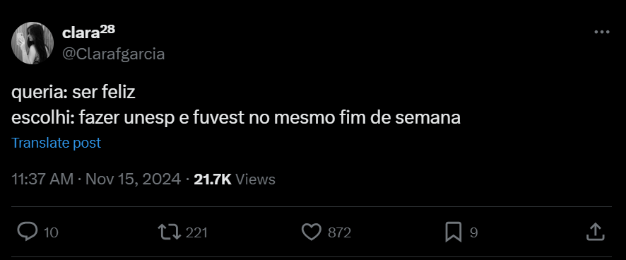 Printscreen de publicação na rede social X sobre a prova da Fuvest 2025