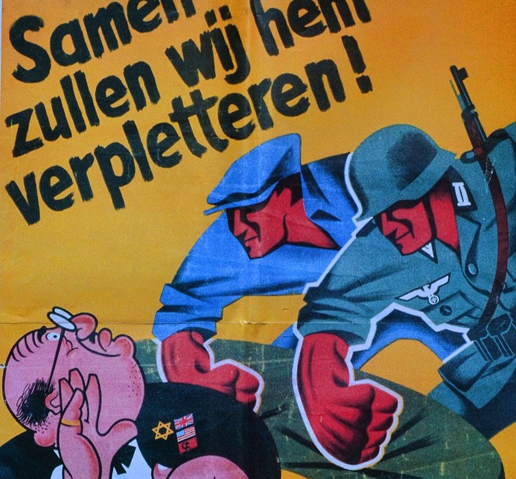 propaganda-nazista Ilustração de dois soldados ameaçando um homem judeu