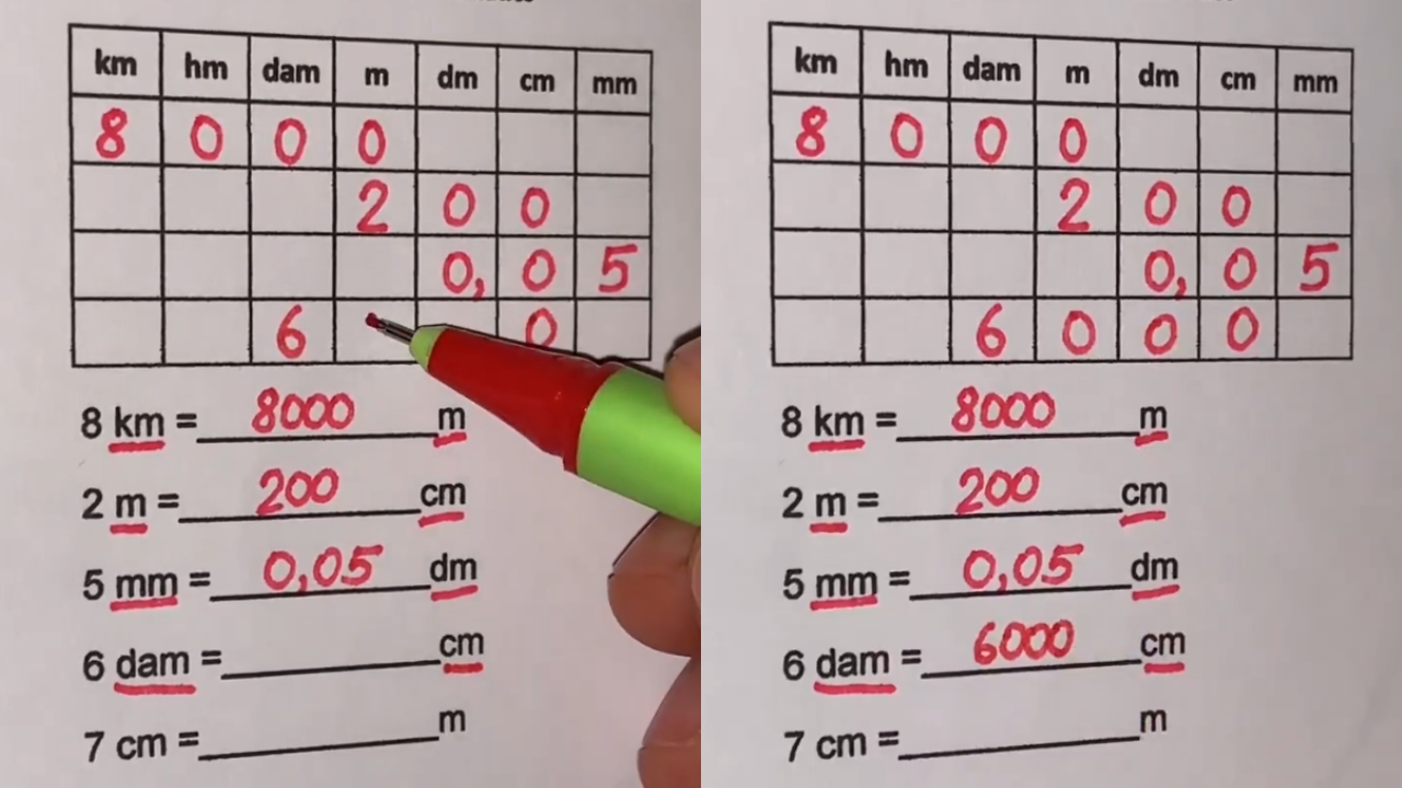 Printscreens do vídeo viral mostrando tabela usada pelo professor para fazer conversão de medidas