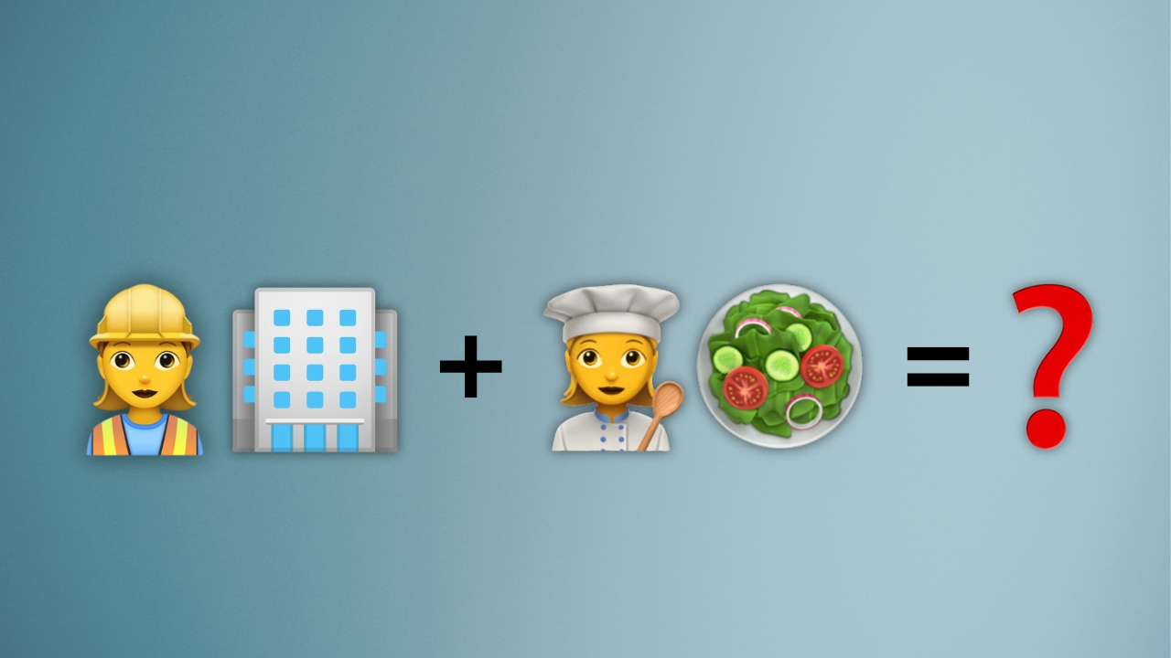 Emoji de engenheira civil, sinal de mais, emoji de cozinheiro, sinal de igual, resultado em um ponto de interrogação