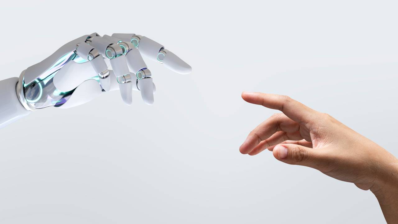 Technology human touch background, modern remake of The Creation of Adam