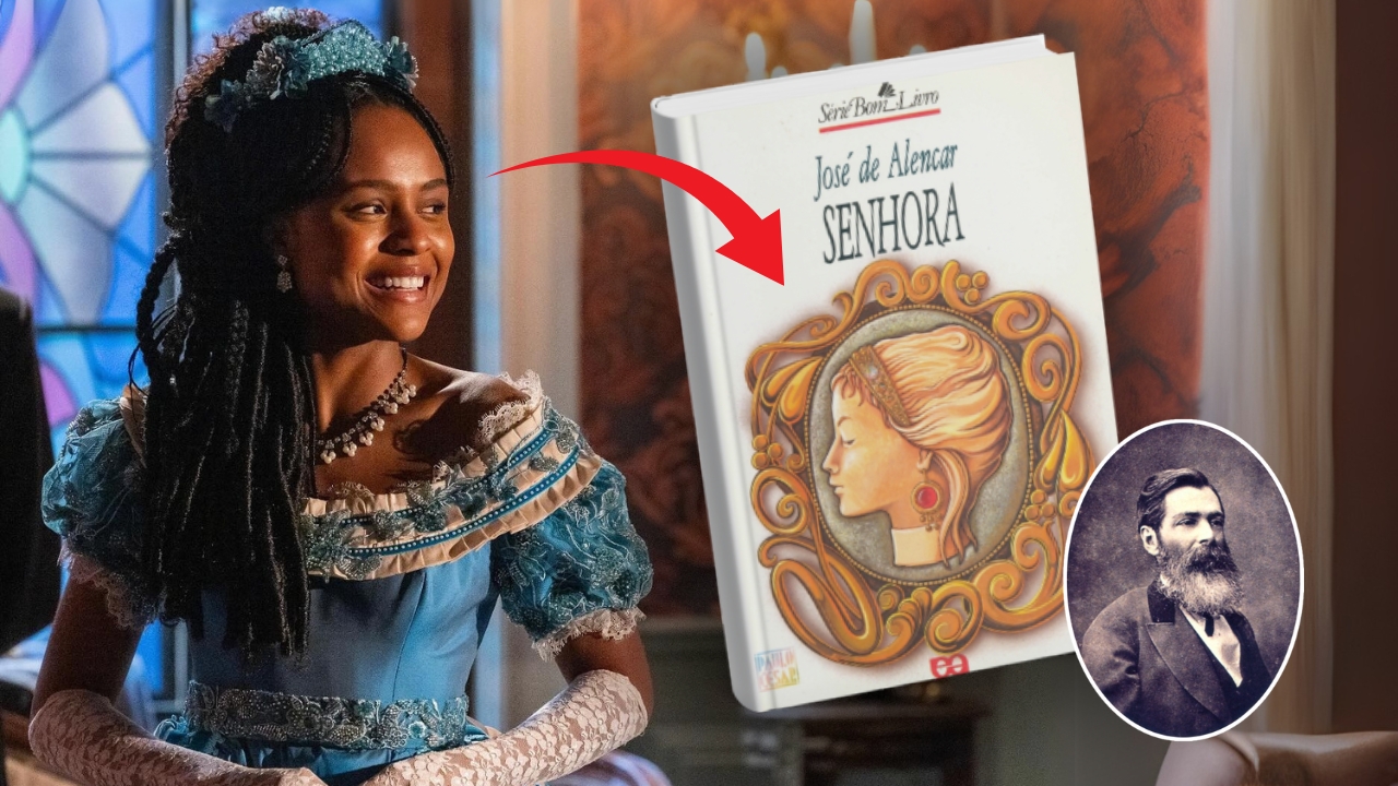 Cena da novela "Garota do Momento", com capa de "Senhora" e foto do autor José Alencar